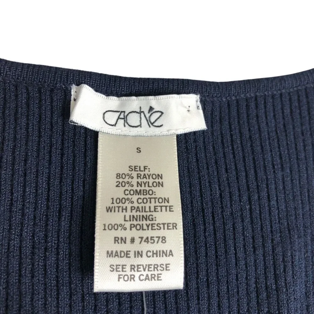 Cache Cardigan Vest Womens S Blue Sequined Sleeveless Open Ribbed Career Chic - Picture 2 of 12